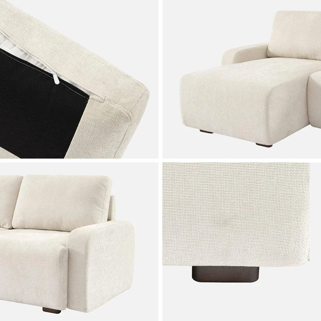 Ecksofa links 3-Sitzer cremeweiß Stoff Holz Recamiere