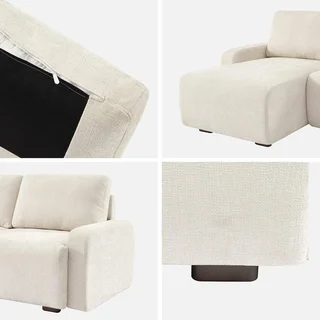 Sofá de canto esquerdo 3 lugares tecido branco quebrado madeira chaise longue