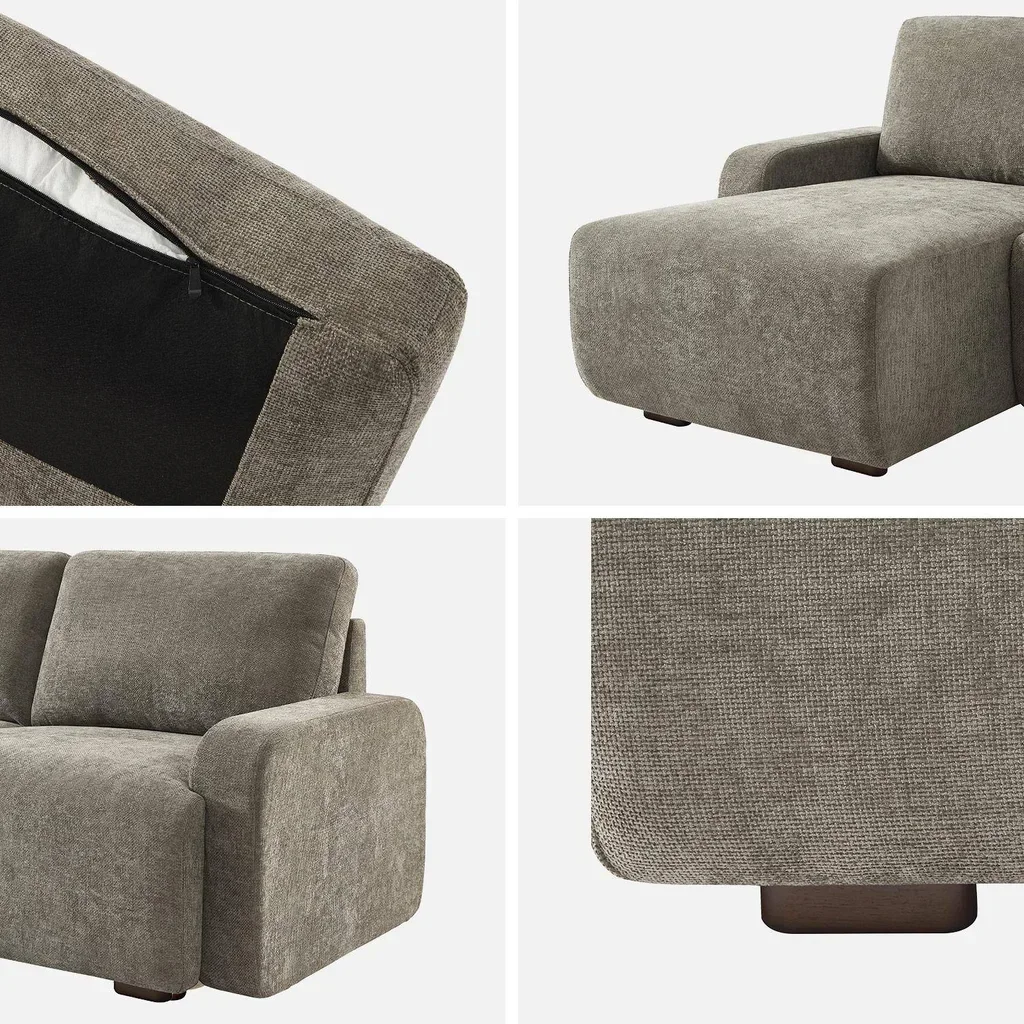 Ecksofa links 3-Sitzer cremeweiß Stoff Holz Recamiere