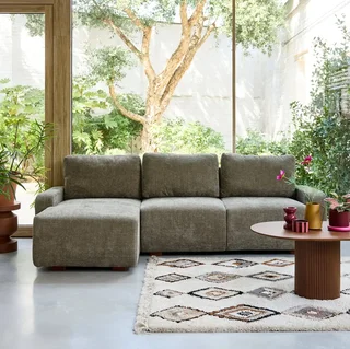 Sofá de canto esquerdo 3 lugares tecido branco quebrado madeira chaise longue