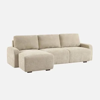 Sofá de canto esquerdo 3 lugares tecido branco quebrado madeira chaise longue