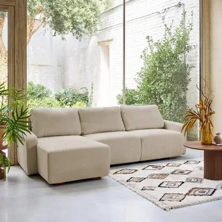 Sofá de canto esquerdo 3 lugares tecido branco quebrado madeira chaise longue