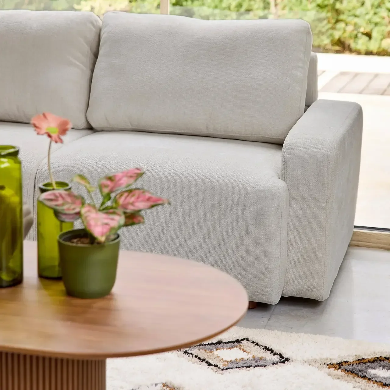Ecksofa links 3-Sitzer cremeweiß Stoff Holz Recamiere