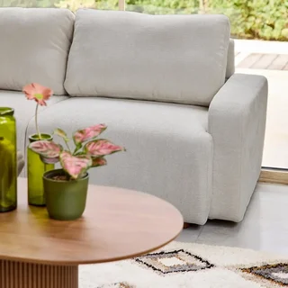 Sofá de canto esquerdo 3 lugares tecido branco quebrado madeira chaise longue