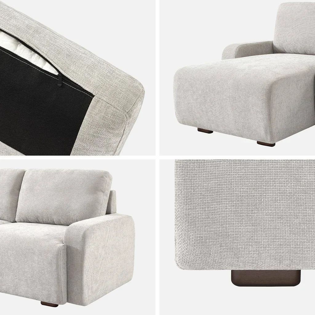 Ecksofa links 3-Sitzer cremeweiß Stoff Holz Recamiere