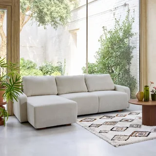 Sofá de canto esquerdo 3 lugares tecido branco quebrado madeira chaise longue