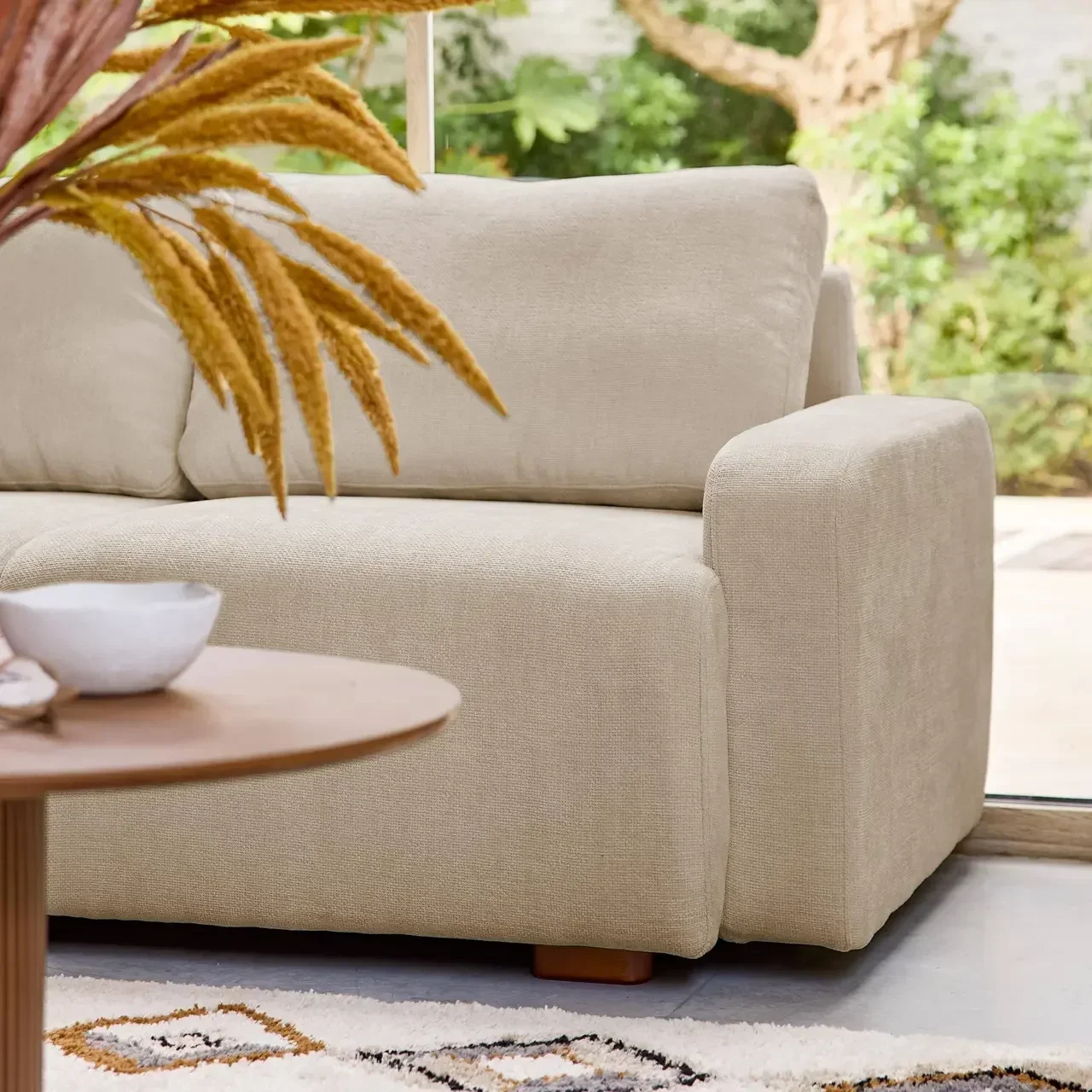 Ecksofa links 3-Sitzer cremeweiß Stoff Holz Recamiere