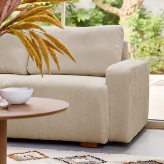 Sofá de canto esquerdo 3 lugares tecido branco quebrado madeira chaise longue