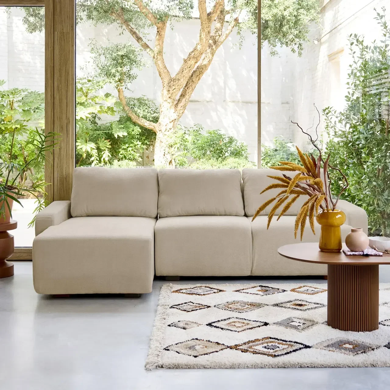 Ecksofa links 3-Sitzer cremeweiß Stoff Holz Recamiere