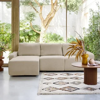 Sofá de canto esquerdo 3 lugares tecido branco quebrado madeira chaise longue