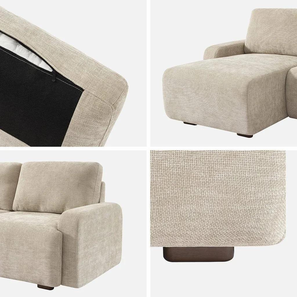 Ecksofa links 3-Sitzer cremeweiß Stoff Holz Recamiere
