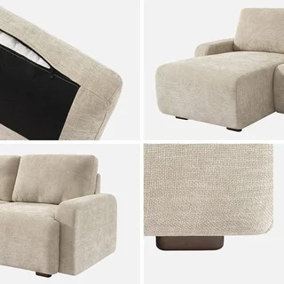 Sofá de canto esquerdo 3 lugares tecido branco quebrado madeira chaise longue