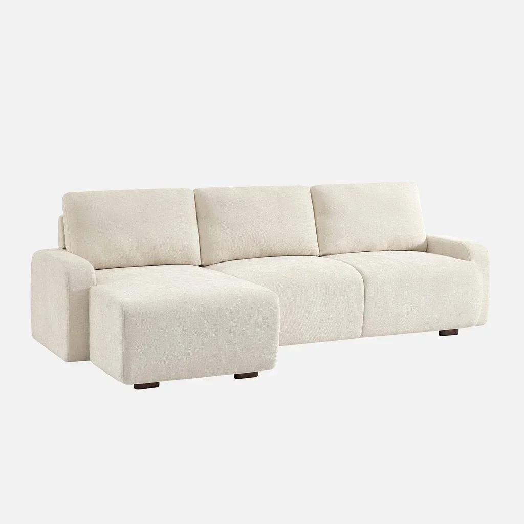 Ecksofa links 3-Sitzer cremeweiß Stoff Holz Recamiere