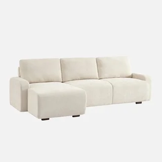 Sofá de canto esquerdo 3 lugares tecido branco quebrado madeira chaise longue