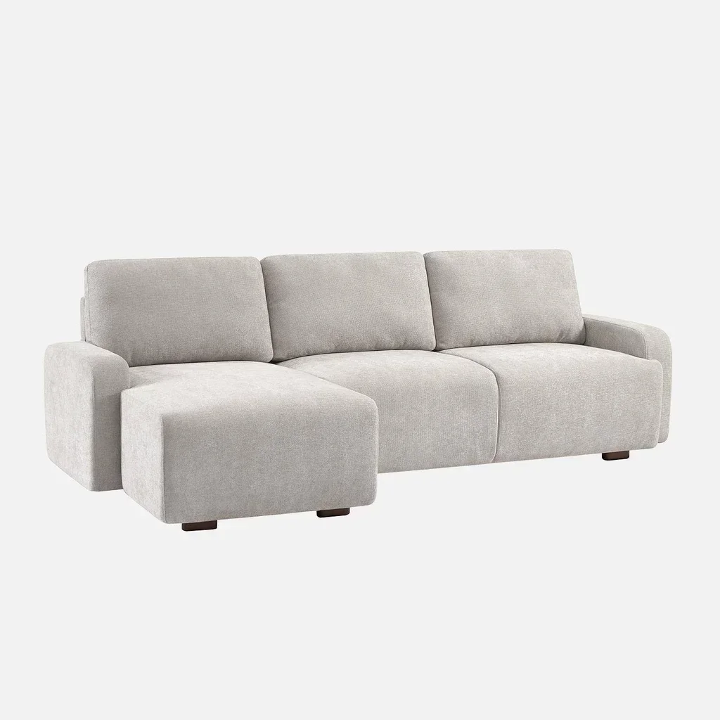 Ecksofa links 3-Sitzer cremeweiß Stoff Holz Recamiere