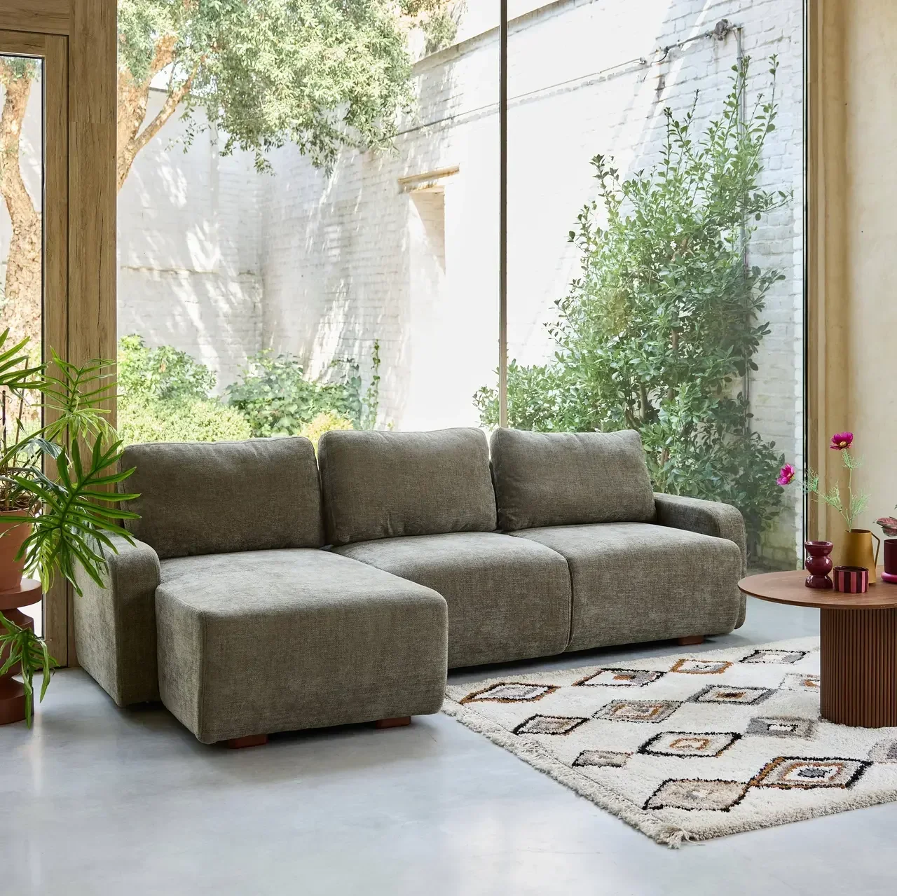Ecksofa links 3-Sitzer cremeweiß Stoff Holz Recamiere