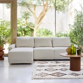 Sofá de canto esquerdo 3 lugares tecido branco quebrado madeira chaise longue