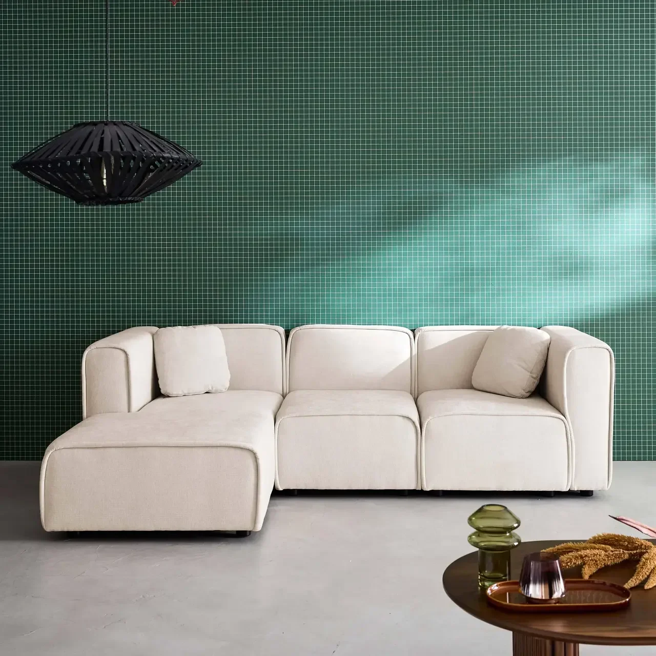 Canapé d'angle gauche 3 places tissu contemporain méridienne