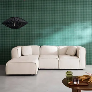 Sofá de canto esquerdo 3 lugares tecido contemporâneo chaise longue
