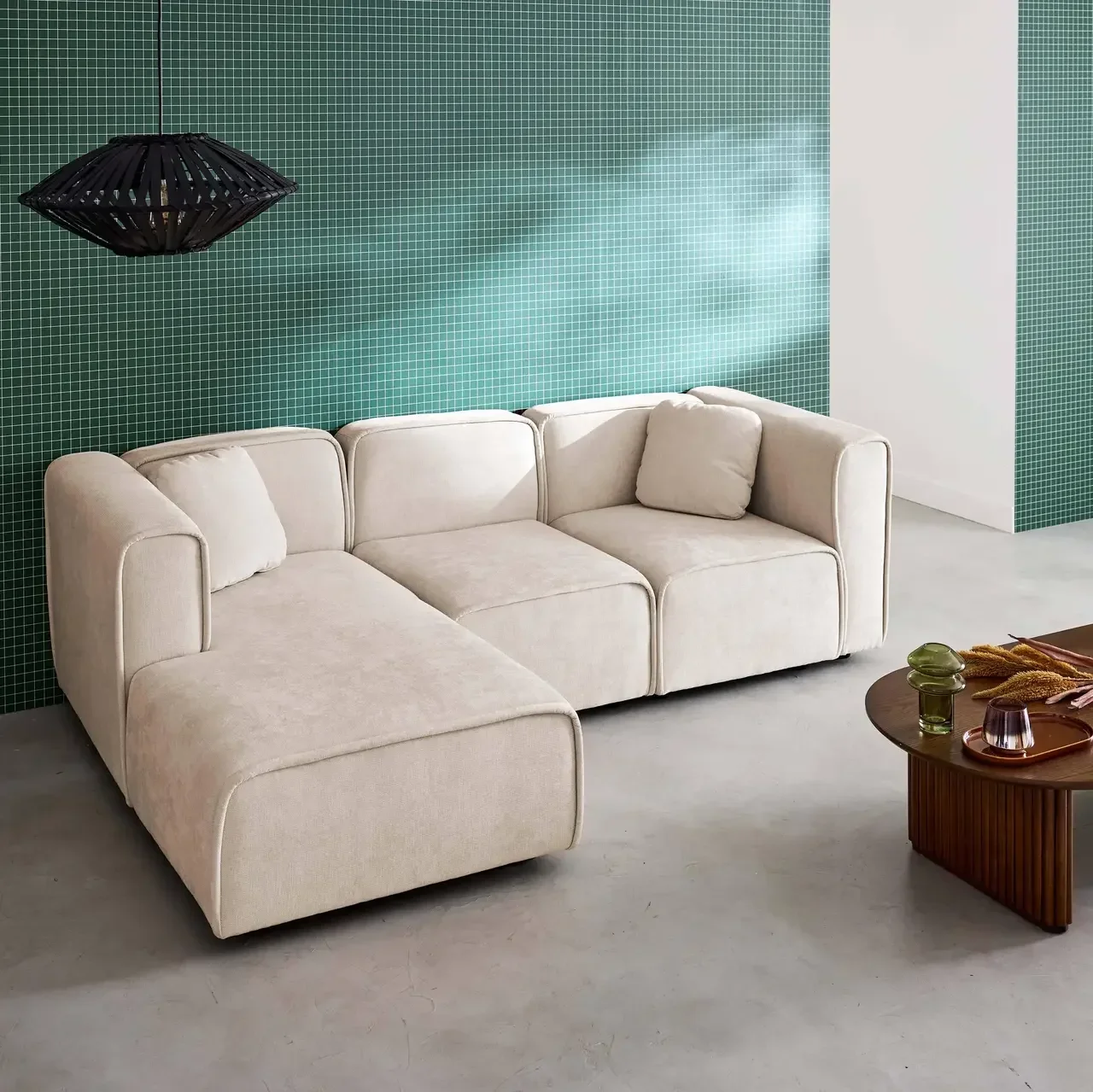 Canapé d'angle gauche 3 places tissu contemporain méridienne
