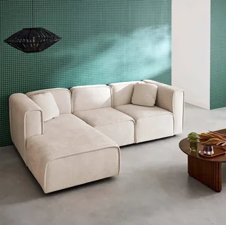 Sofá de canto esquerdo 3 lugares tecido contemporâneo chaise longue