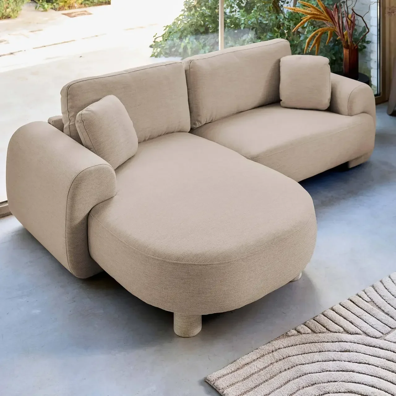 Sofá de canto esquerdo Zenio 3 lugares tecido design curvo chaise longue
