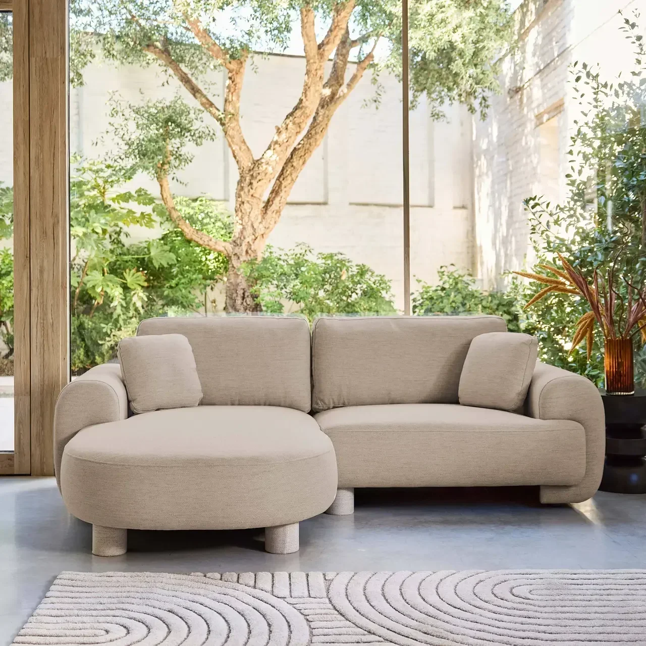 Sofá de canto esquerdo Zenio 3 lugares tecido design curvo chaise longue