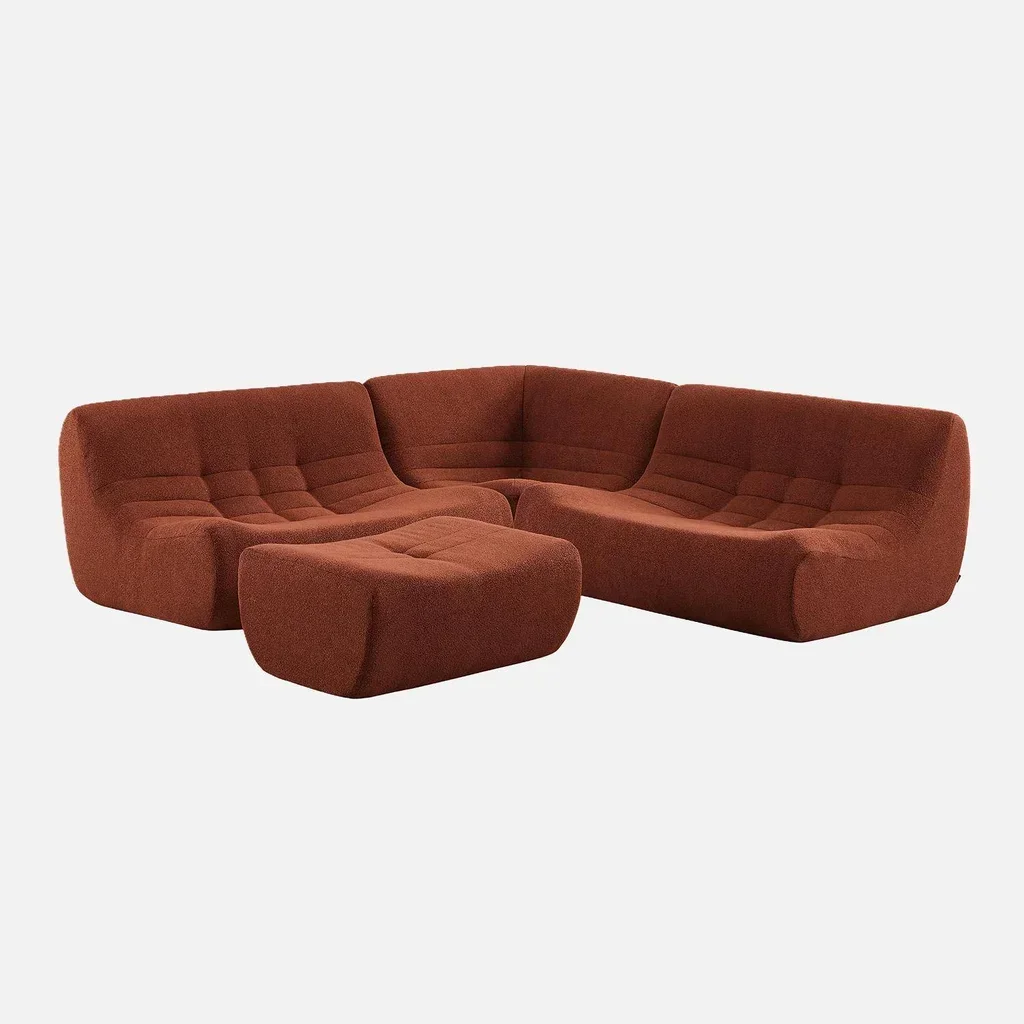Modulares Ecksofa 5-Sitzer weiß Bouclé mit Fußhocker