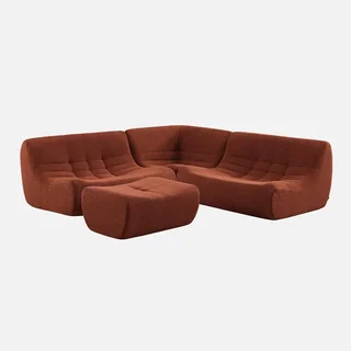 Modulares Ecksofa 5-Sitzer weiß Bouclé mit Fußhocker