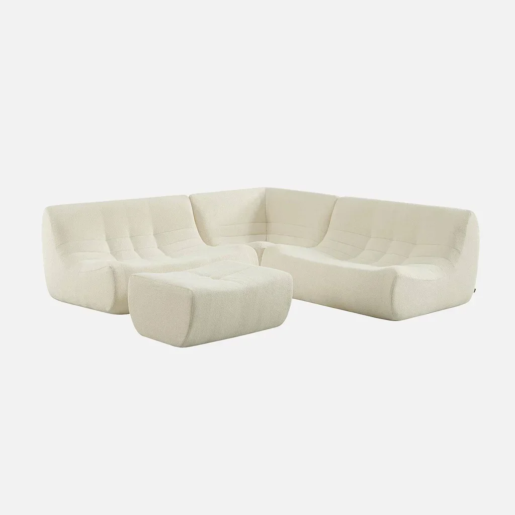 Canapé d'angle modulable 5 places bouclette blanche avec repose-pieds Sokol