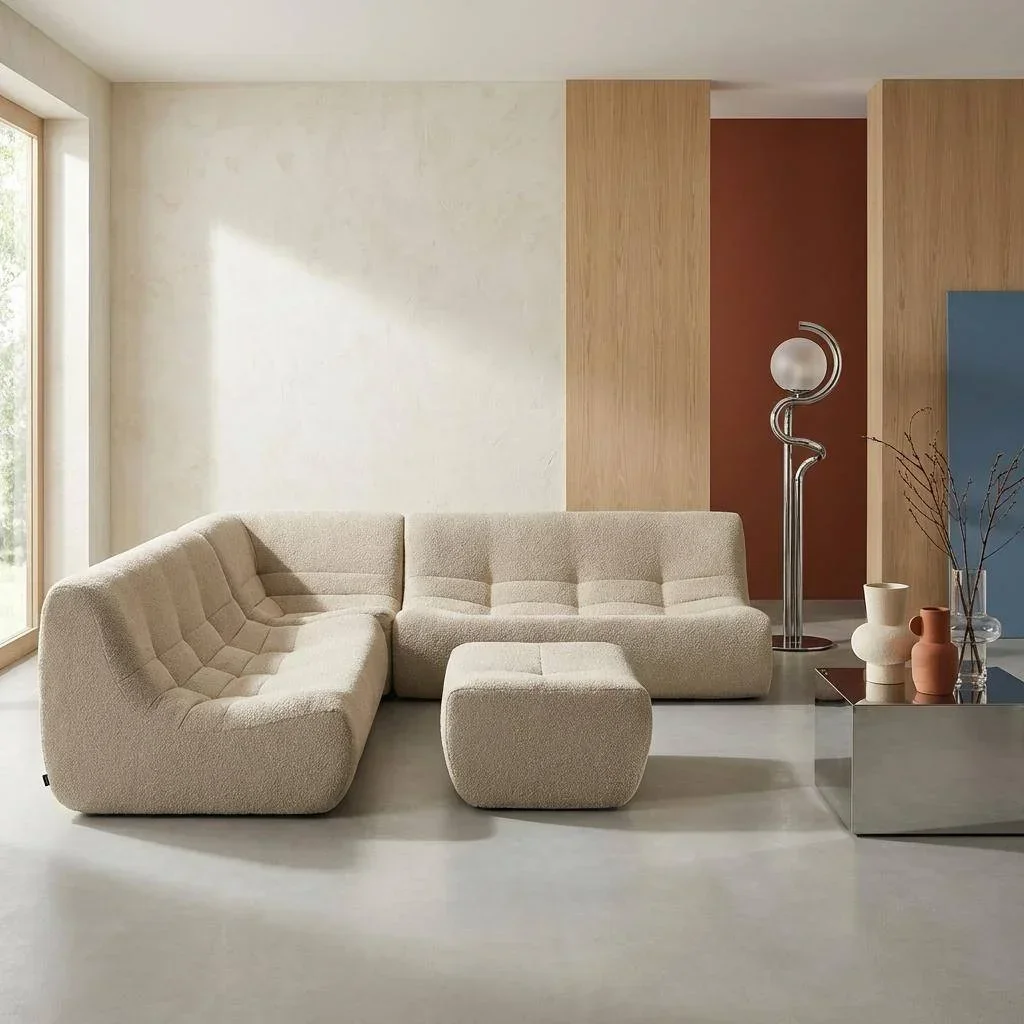 Modular corner sofa 7-seater boucle textured fabric with footrest Sokol
