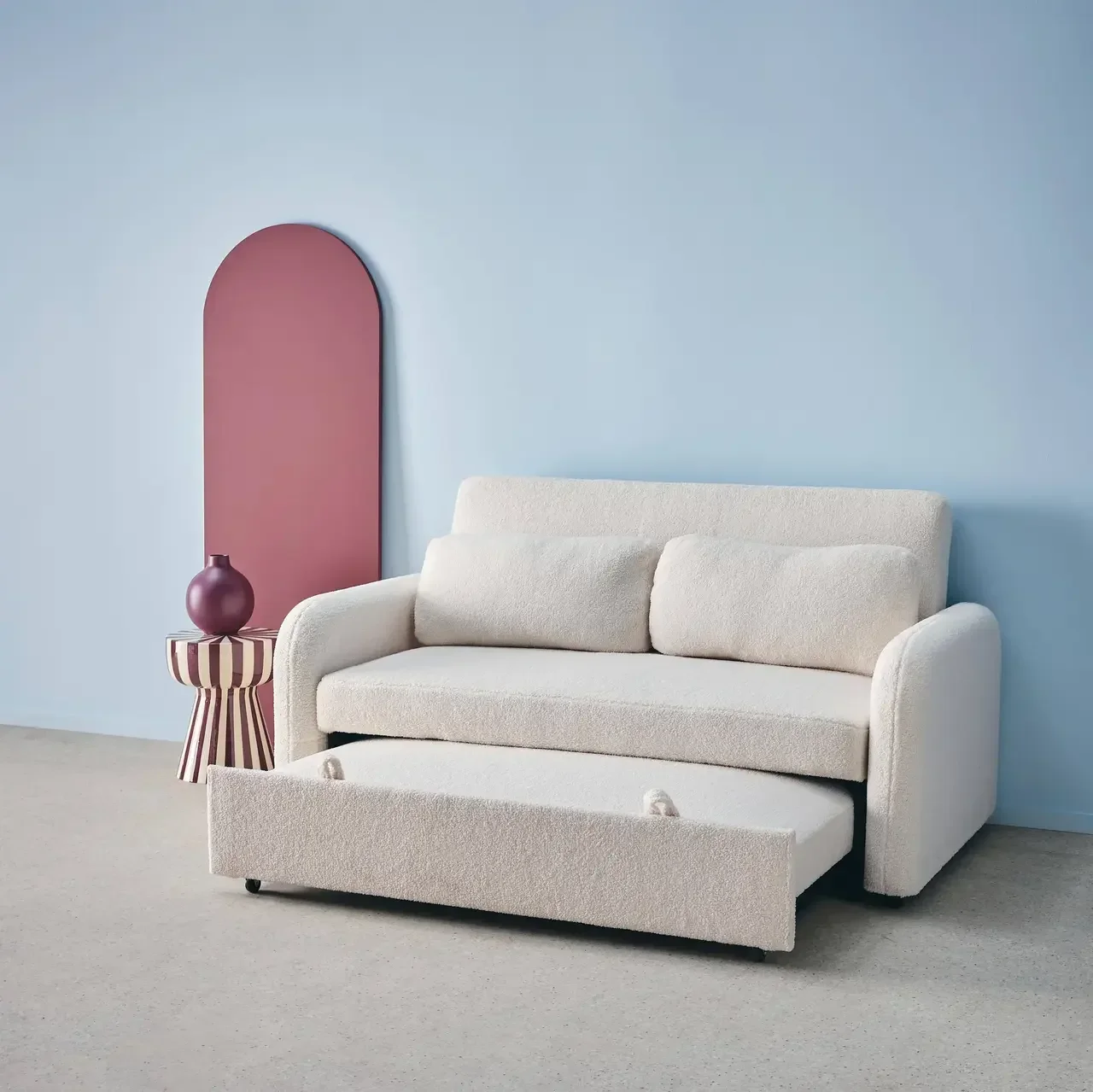 2-Sitzer Schlafsofa Lino Creme Bouclé - Gemütliches zeitgenössisches Wohnzimmer
