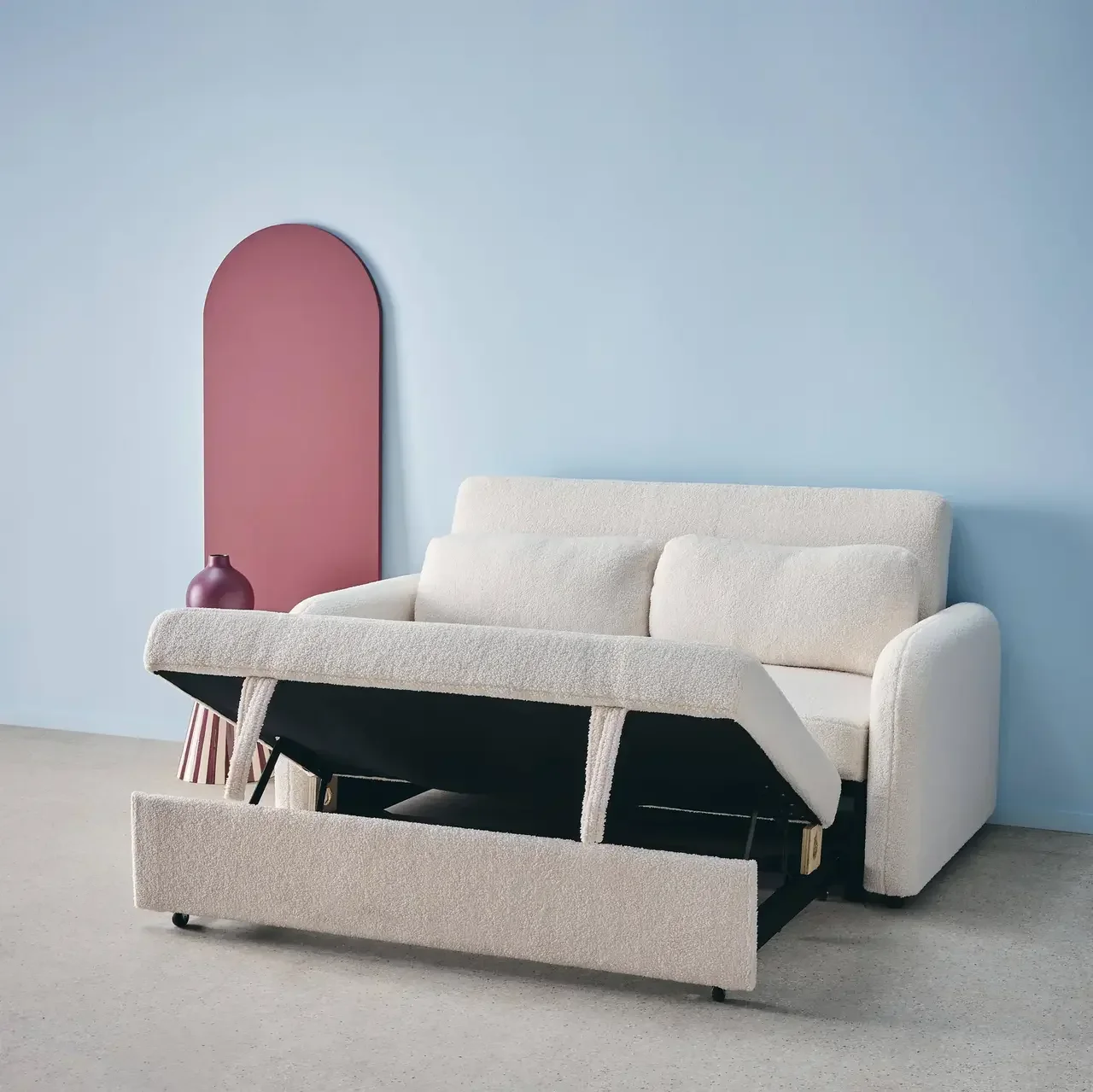 2-Sitzer Schlafsofa Lino Creme Bouclé - Gemütliches zeitgenössisches Wohnzimmer