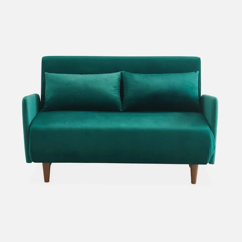 Divano Letto 2 Posti Velluto Verde Panam con Piedi in Legno