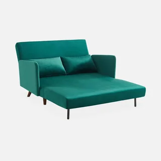 2-Sitzer Schlafsofa Samt Grün Panam mit Holzfüßen