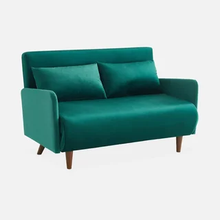 2-Sitzer Schlafsofa Samt Grün Panam mit Holzfüßen