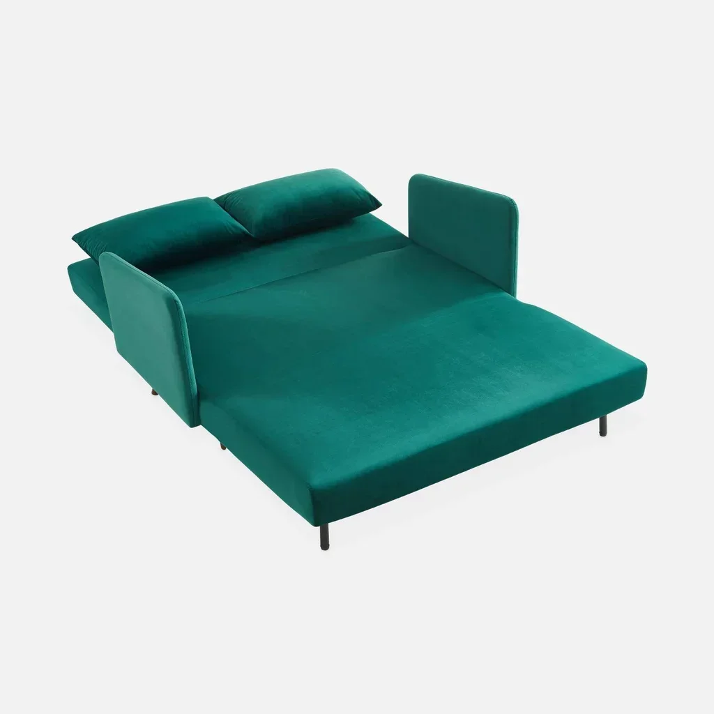 Divano Letto 2 Posti Velluto Verde Panam con Piedi in Legno
