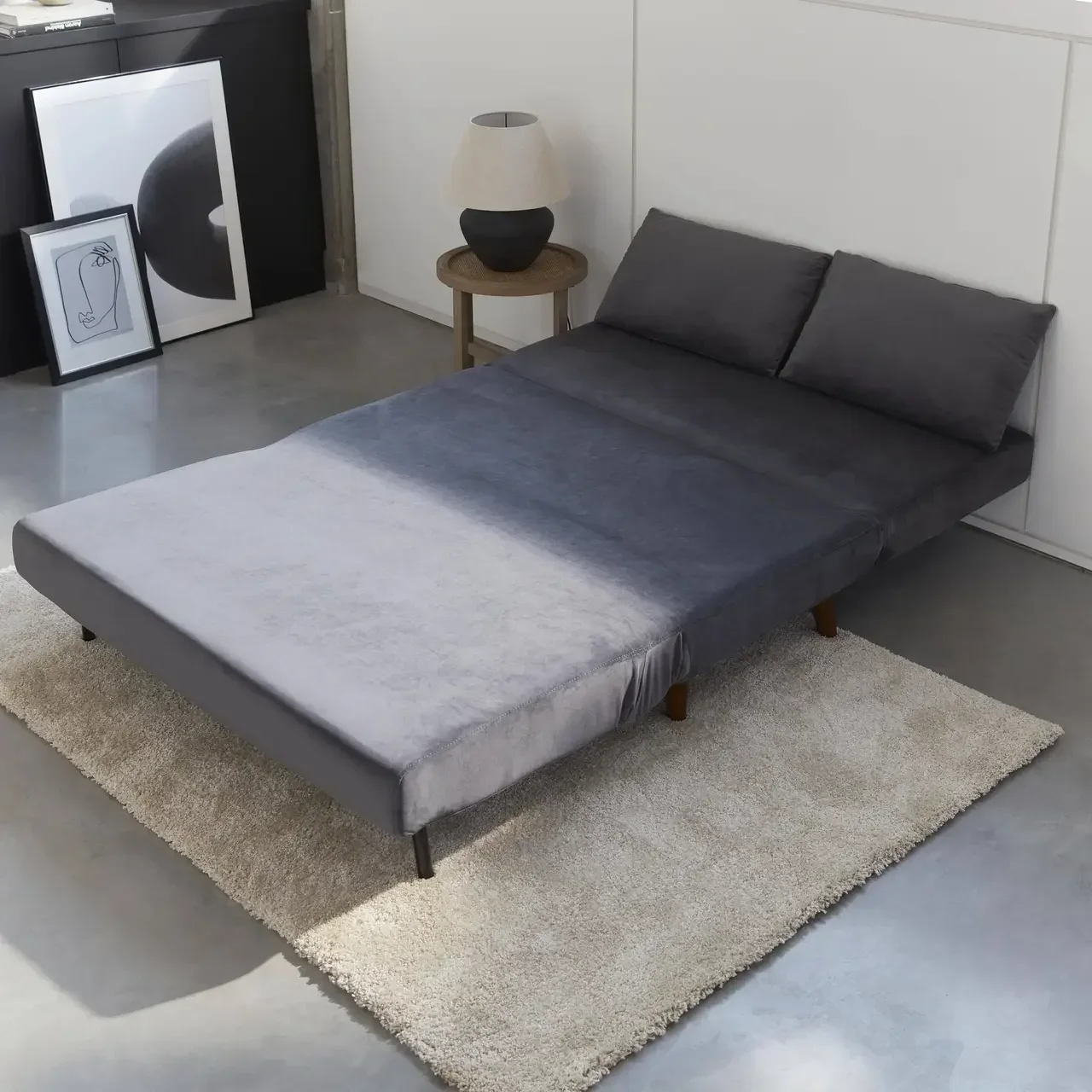 Canapé convertible 2 places velours gris scandinave Guesta
