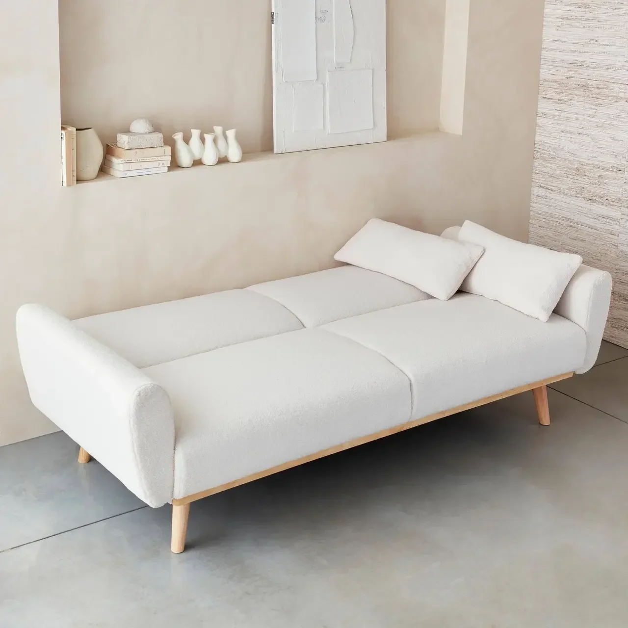 Canapé convertible 3 places Oskar bois eucalyptus tissu bouclette