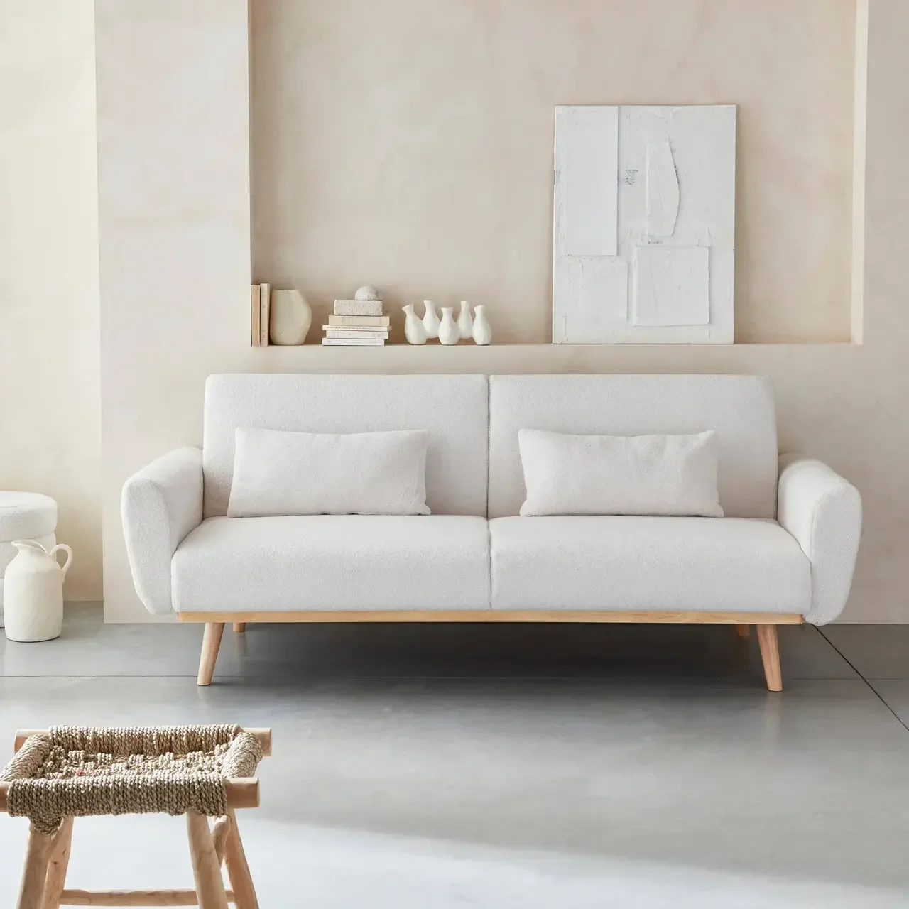 Canapé convertible 3 places Oskar bois eucalyptus tissu bouclette