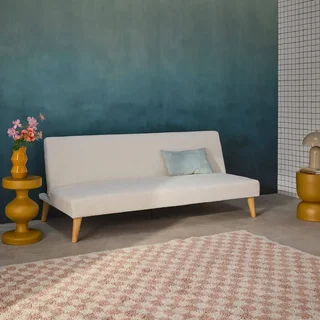 Sofá Cama 3 Plazas Bouclé Blanco Patas Madera Escandinavo Tom