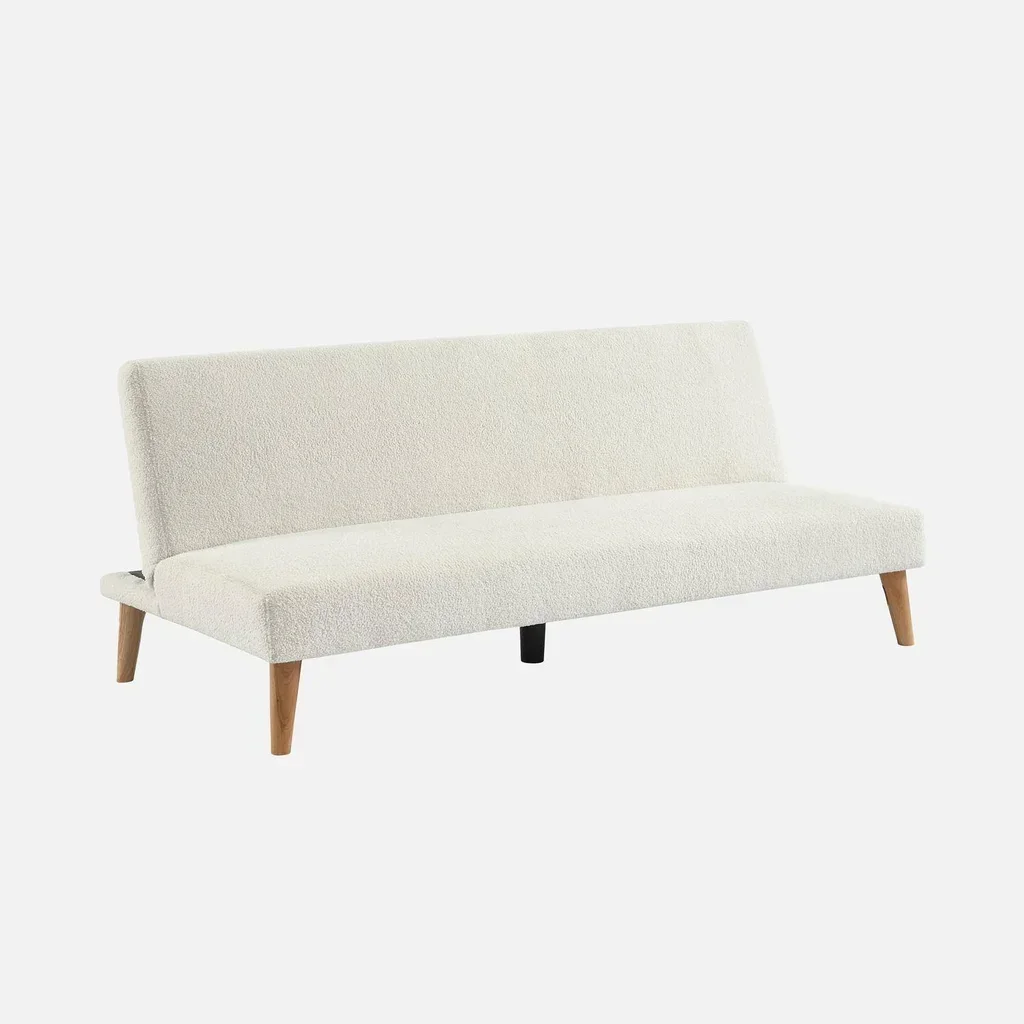 Sofá Cama 3 Plazas Bouclé Blanco Patas Madera Escandinavo Tom