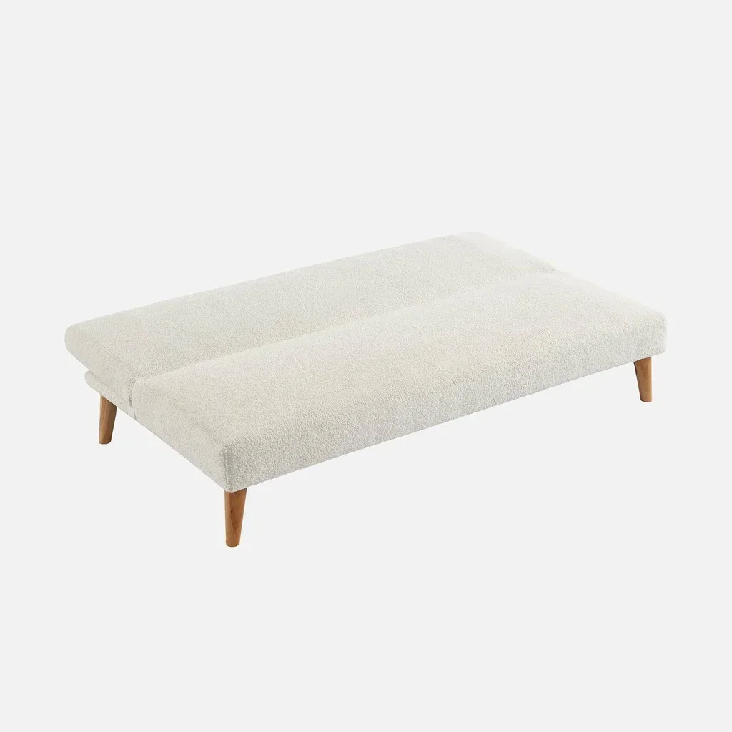 Sofá Cama 3 Plazas Bouclé Blanco Patas Madera Escandinavo Tom