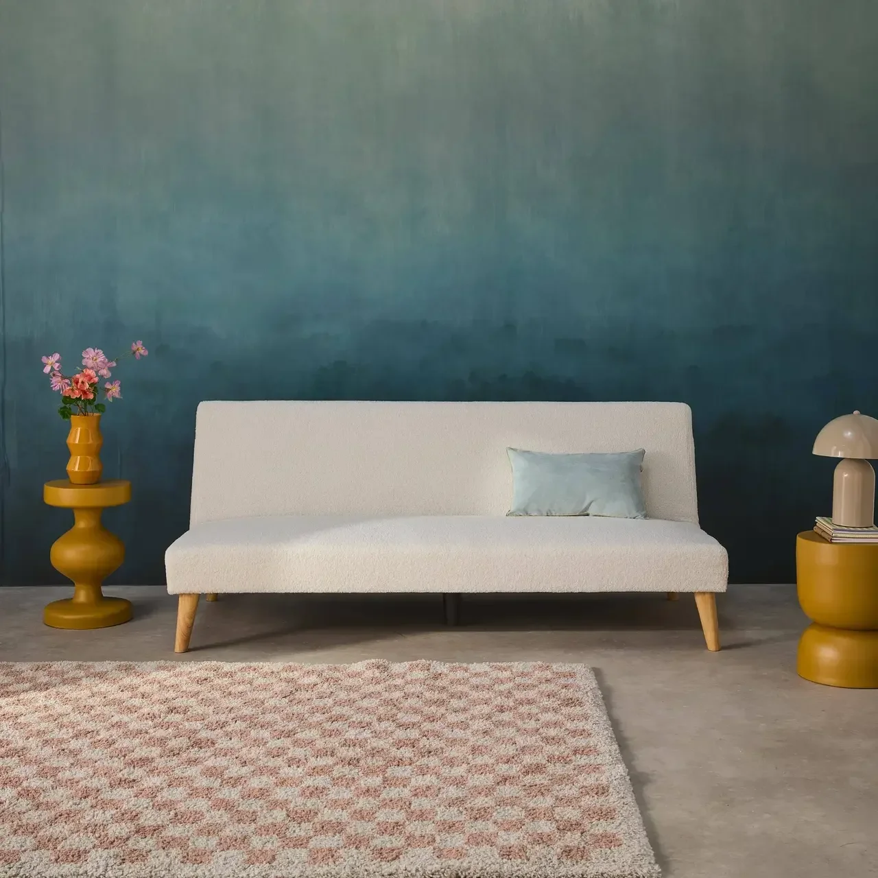 Sofá Cama 3 Plazas Bouclé Blanco Patas Madera Escandinavo Tom