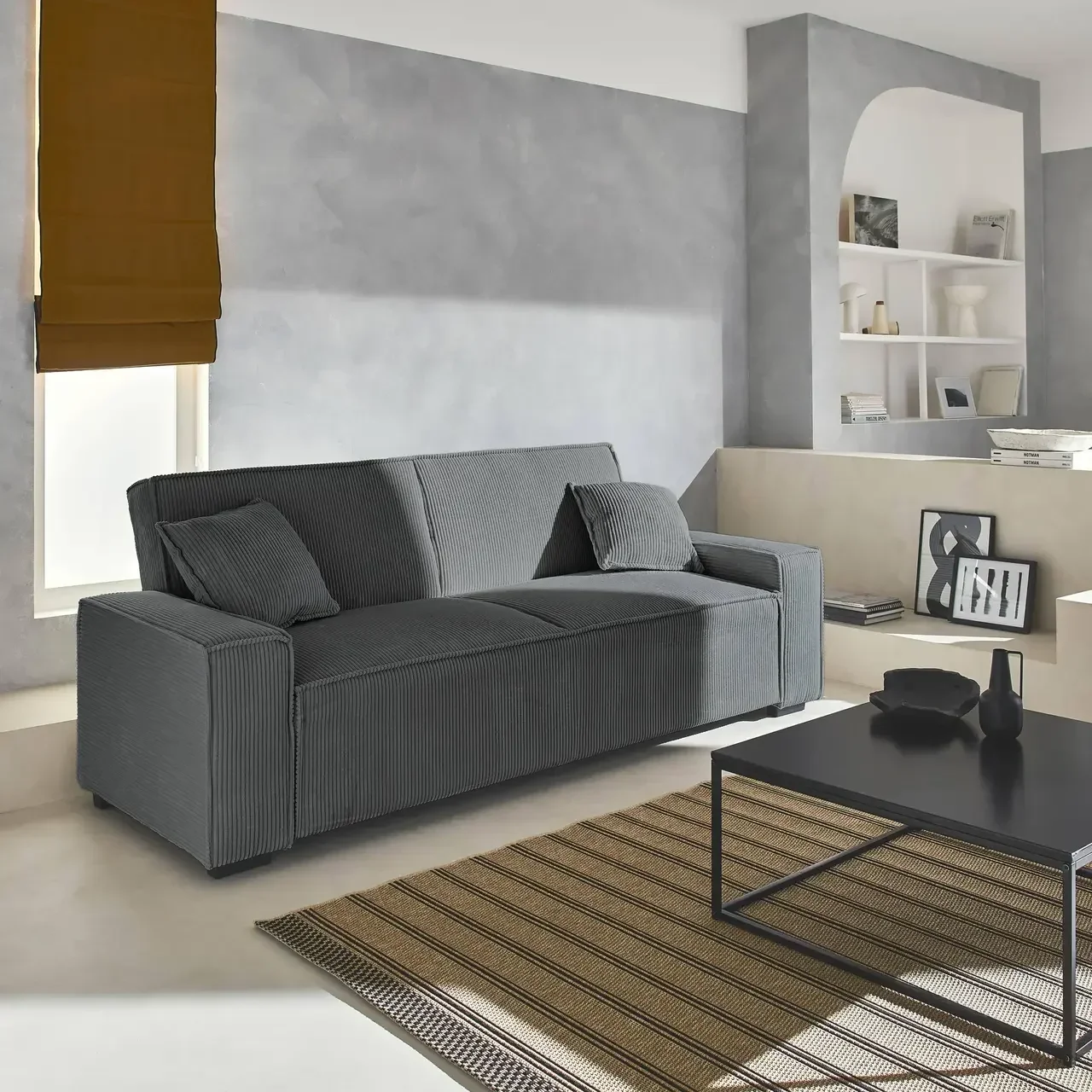 Canapé convertible 3 places velours côtelé gris design scandinave