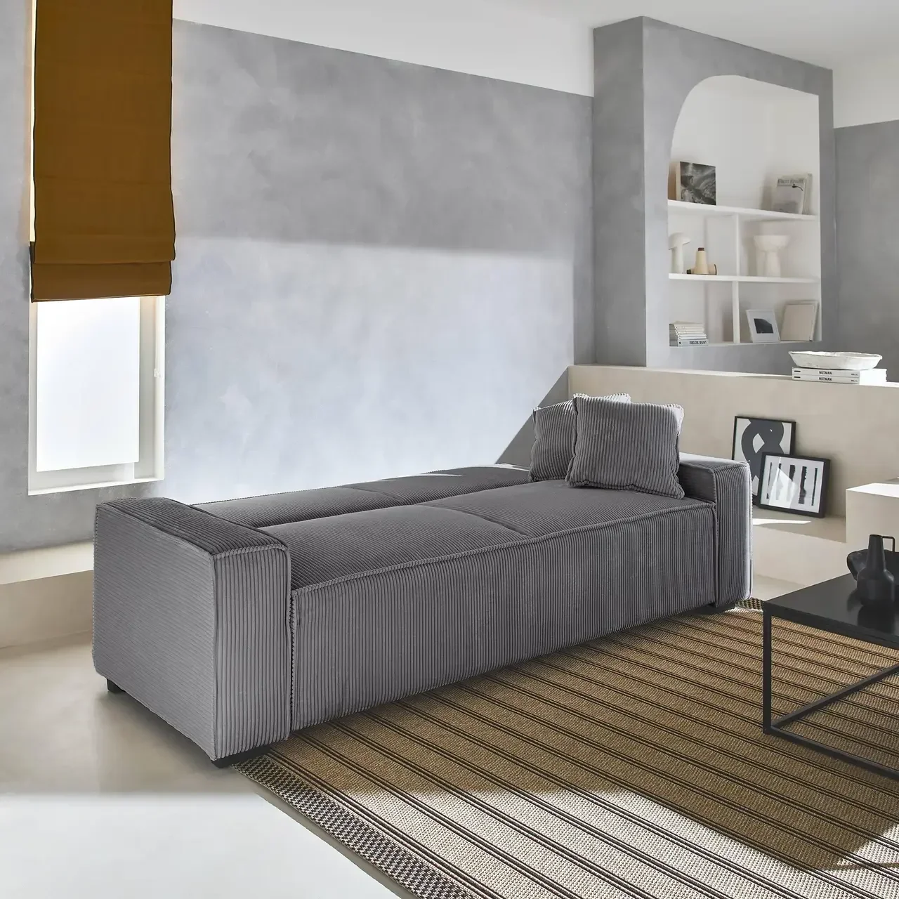 Dunkelgraues Cord-Samt 3-Sitzer Schlafsofa skandinavisches Design Feel