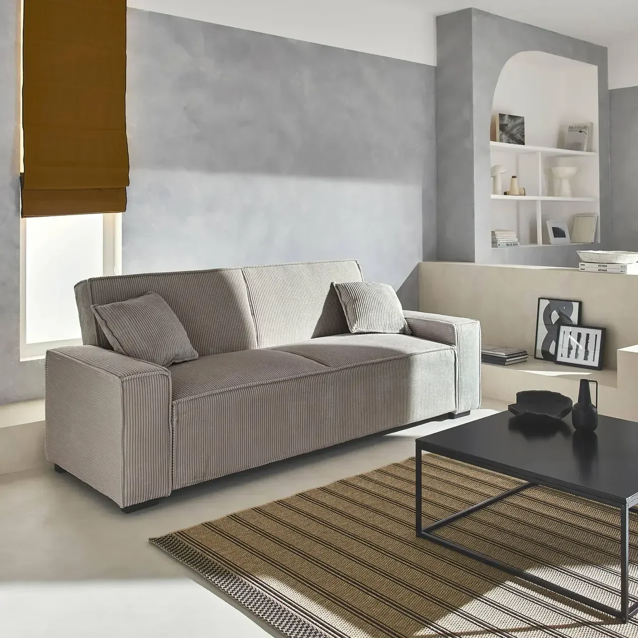 3-Sitzer Samt-Cord-Schlafsofa Feel in Grau mit verstellbarer Rückenlehne