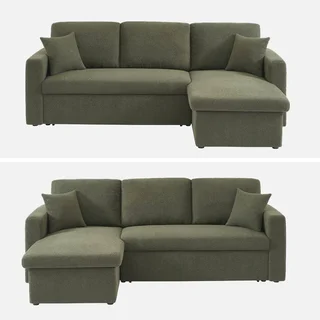 Sofá Cama 3 Plazas Reversible Tela Bouclé Crema con Chaise Longue y Almacenamiento