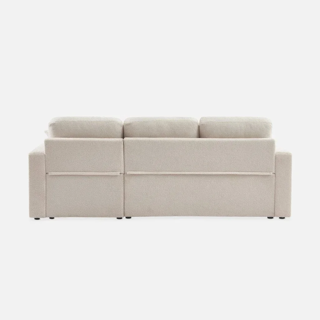 Sofá Cama 3 Plazas Reversible Tela Bouclé Crema con Chaise Longue y Almacenamiento