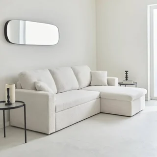 Sofá Cama 3 Plazas Reversible Tela Bouclé Crema con Chaise Longue y Almacenamiento
